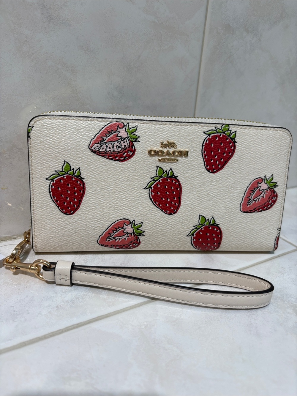 Coach Chalk Multi Strawberry Zip Wallet Wristlet